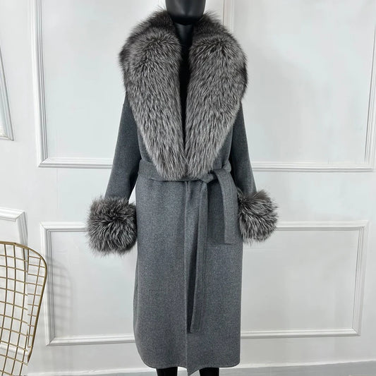 NEW Arrivals S-4XL 4 Colors Women 100% Cashmere Cardigan With Fur Natural Silver Fox Fur Coat Long Wool Blends Coat Fur Collar Cuffs Winter Evening Party Outerwear Ladies Luxury Fashion Apparel Products