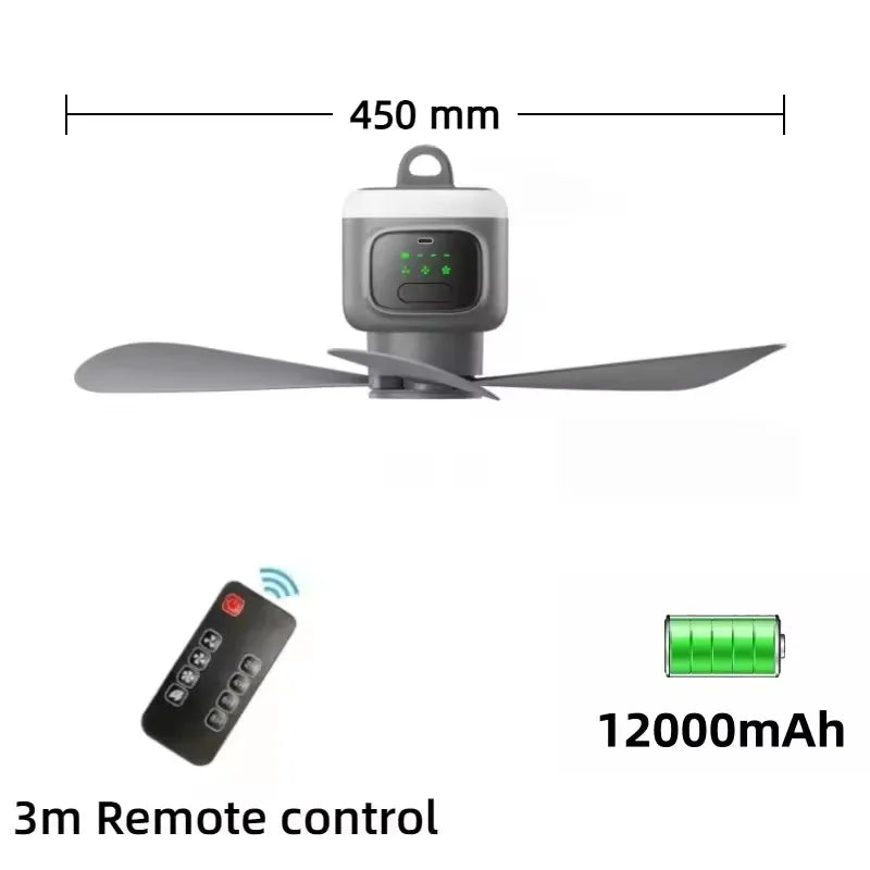 12000mAh Remote Control Save Energy Large Size Whirlwind Ceiling Fan USB Wireless Cooling Powerful Fan Portable LED Night Light Outdoor Camping Indoor Bedroom Living Room Fan Ceiling Fan