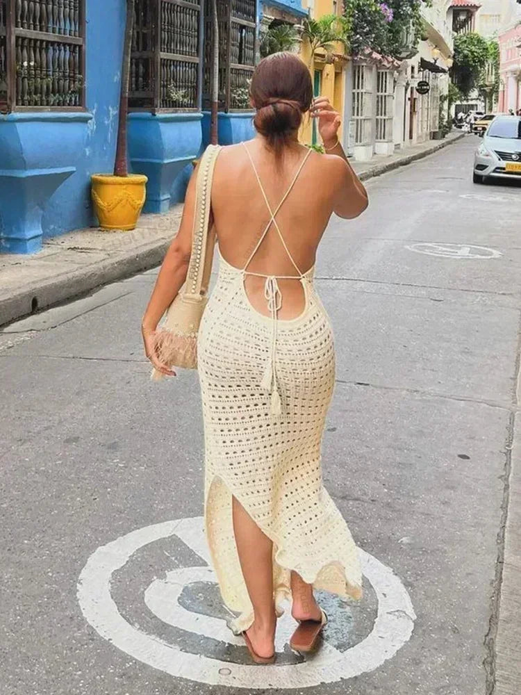NEW Arrivals UK Size 6 Colors Sexy Knit Cut Out Tassel Spaghetti Strap Bodycon Evening Beach Party Maxi Dress Summer Women's Holiday Club Party Outfit Swimsuit Cover Up K10