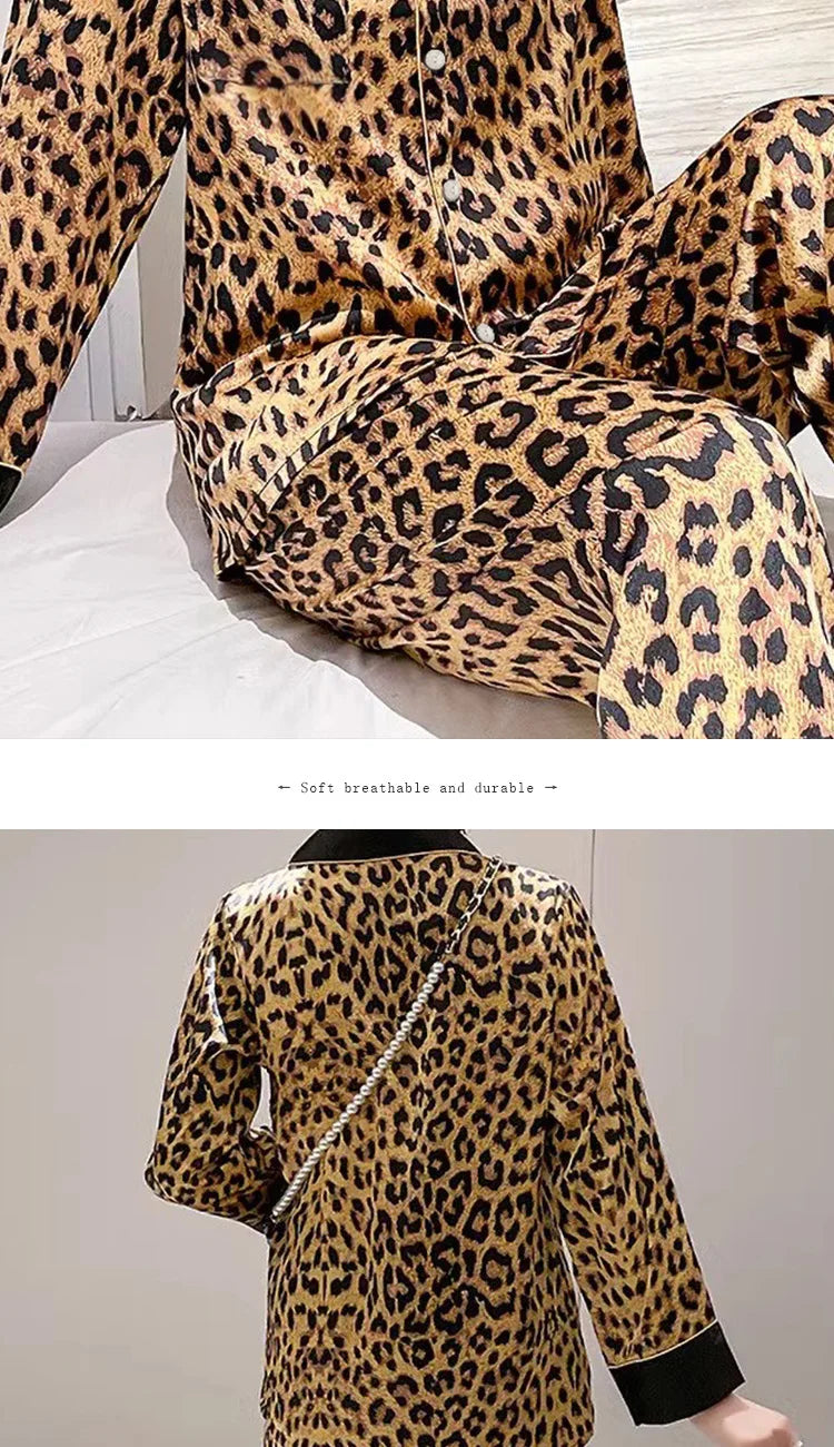 NEW Arrivals Sexy Leopard Silk Autumn Pajamas Women's Long-sleeved Suit High-End New Ice Silk Trousers Loungewear Trendy Loungewear Ladies Girls Luxury Home Wear Clothing Supplies
