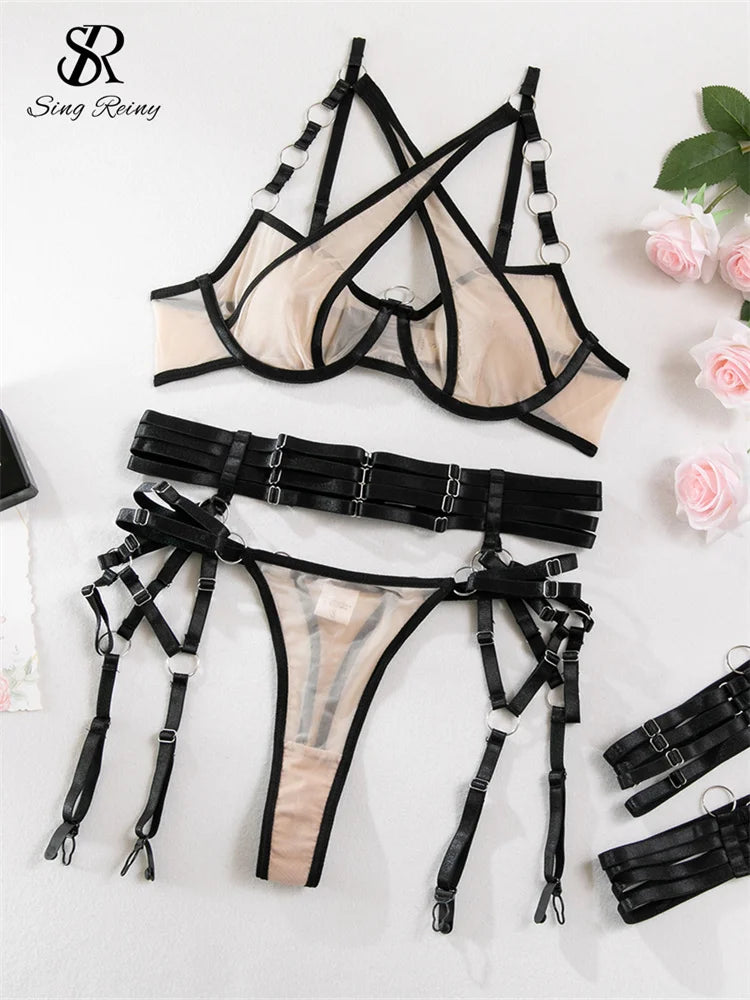 Porno Cross Spliced Sexy Underwear Sets Hollow Out Club Sheer Skinny Sleepwear Ladies Erotic Lingerie 3 Pieces Suits