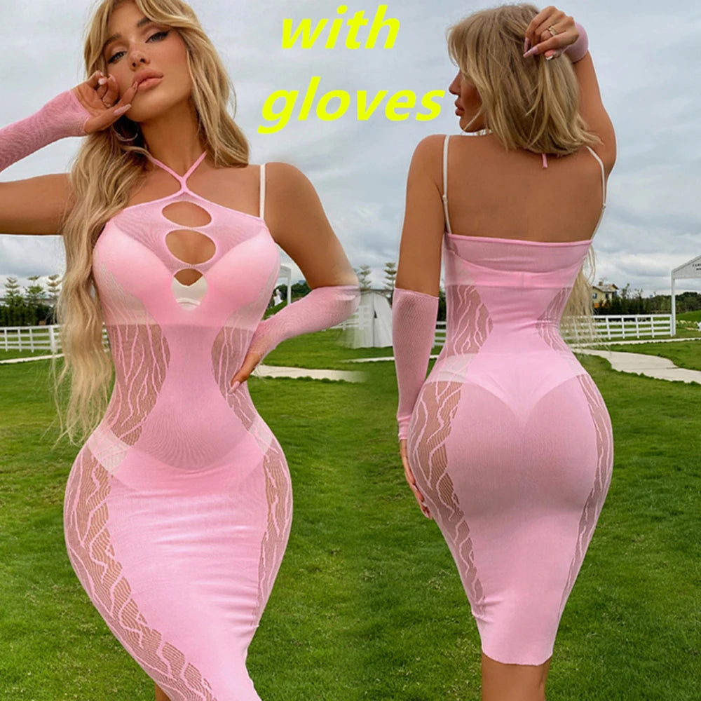 NEW Arrivals S-2XL UK Flexible Size 4 Colors High Quality Mesh Sex Set Women's Hot Sexy Fishing Net Bodycon Mini/Maxi Dress Erotic See Through Hollow Mini Skirt Sexy Night Club Outfits