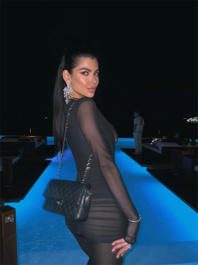 NEW Pink/Black Color UK Size Deep V Neck Long Sleeve Sexy Jumpsuits Women Autumn Winter Patchwork See Through Ruched Club Party Jumpsuit Female Fashion Clothing Supplies