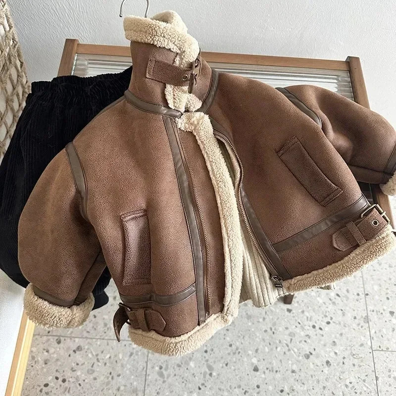 4-6 Years Old Children Leather Velvet Warm Jackets Fashion Baby Kids Fleece Outwear Korean Boys Girls Zipper Thickness Suede Coat Winter Warm Jackets Kids Apparel Winter Clothes Supplies