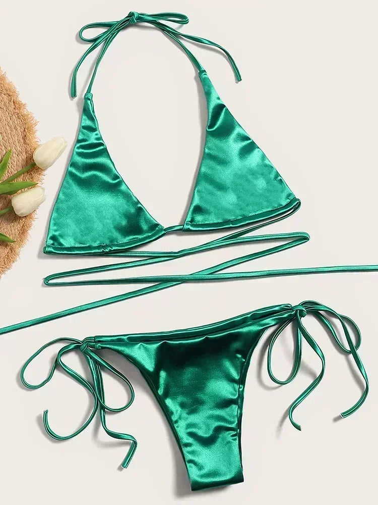 18 Colors UK Size Halter Brazilian Metallic Satin Bikini Women Swimwear Female Swimsuit Two-pieces Bikini Set High Cut Bathing Suit Swim Beachwear