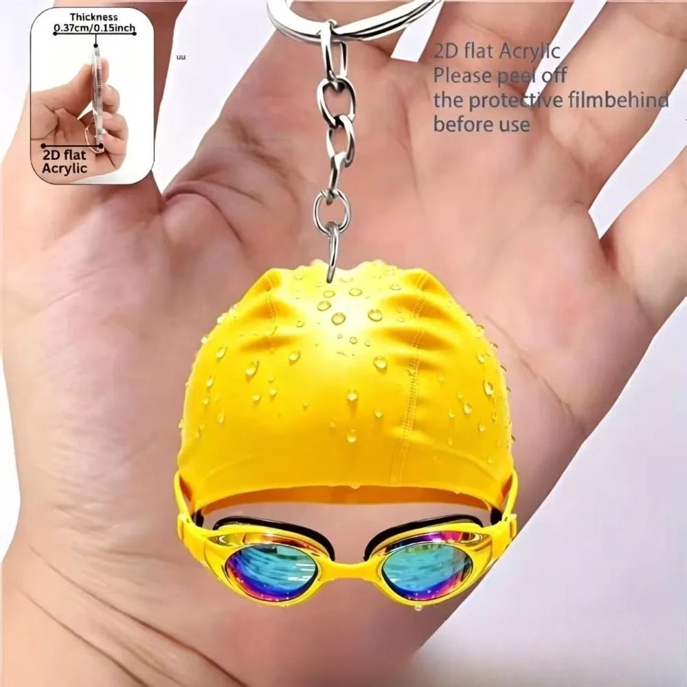 10 Colors High Aesthetic Simulation Swimming Goggles Swim Cap Design Keychain Acrylic 2D Flat Pendant Backpack Creative Gift for Women Man Sports Gifts