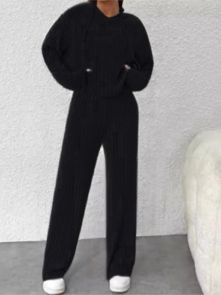 4 Colors S-2XL UK Size Spring Autumn Solid Color High Waisted Hooded Sweatshirt 2-piece Set Women's New Fashion Slim Knitted Casual Loose