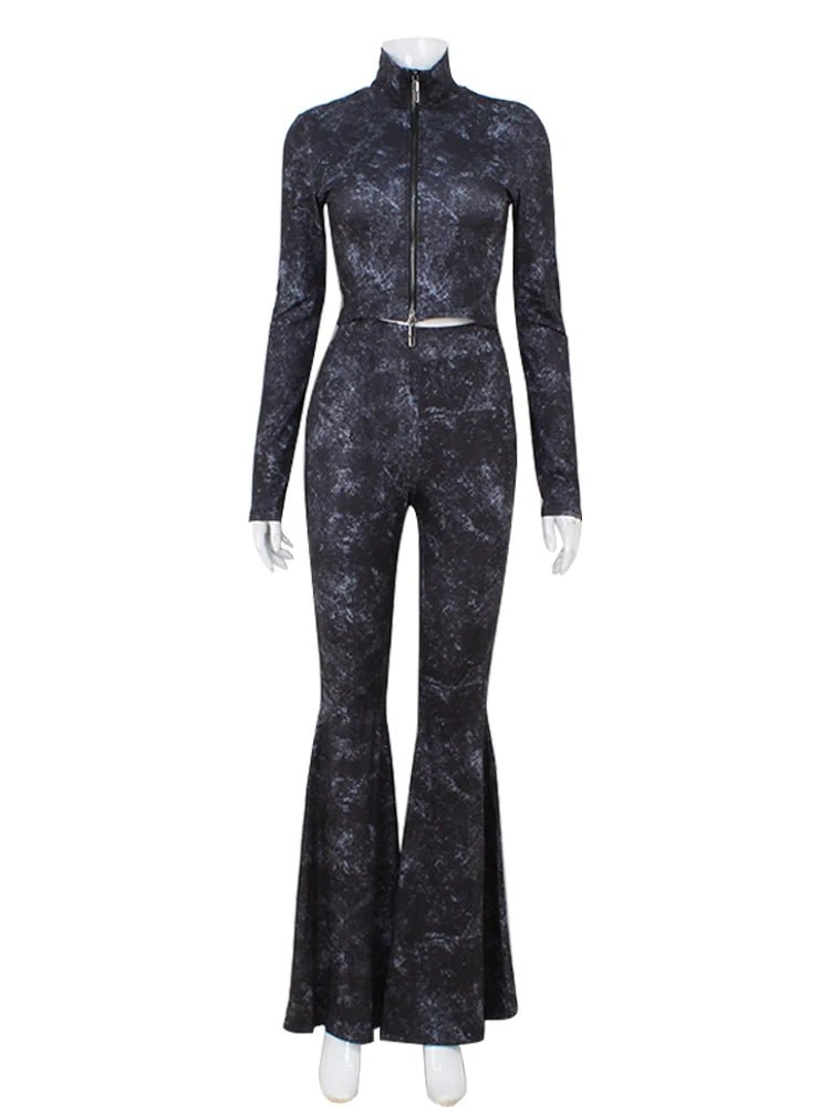 NEW Arrivals 2PCS Set UK Size  Women's Suit ( Tops+ Long Flare Pants) Italian Fashion Casual Tracksuits Skinny O-Neck Long Sleeves Zipper T Shirt  Female Girls Sexy Fashion Apparel Products