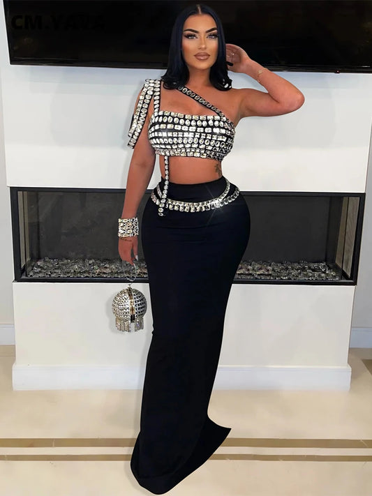 NEW Arrivals Women Girls 2PCS Set Diamonds Hot Rhinestones Strapless Top + Long Skirt Suit Dress Sets Two 2 Piece Set Party Club Night Outfits Female Ladies Luxury Fashion Clothing Supplies