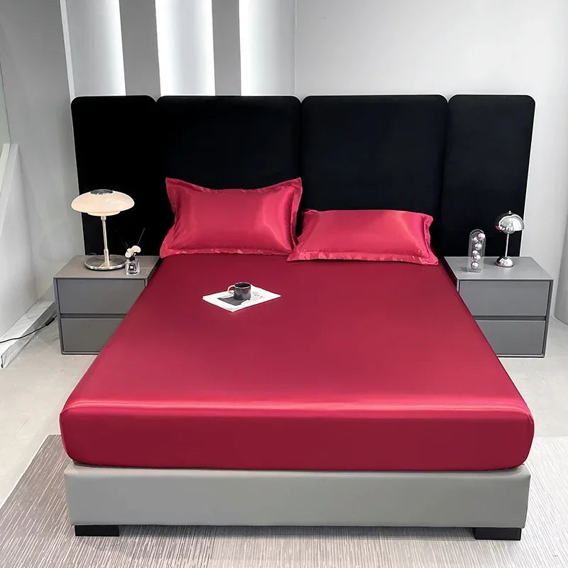 10 Colors Home Hotels Luxury Satin Waterproof Fitted Sheet Silky Solid Color Bed Sheet Breathable Elastic Band Sheets Smooth Bedsheet Mattress Cover