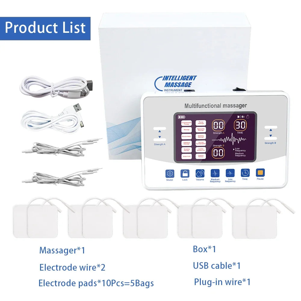 12 Modes + 20 Electrode  Pads Bags Electric Acupuncture EMS Tens Muscle Stimulator 30 Intensities Therapy Pulse Body Massager Electro Health Care Machine
