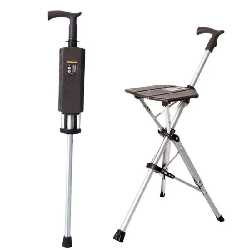 110KG Load Bearing New High Quality Aluminum Alloy Foldable Cane Stick Seat Adjustable Elderly Crutch Fishing Chair With Stool Outdoor Activities Walking Hiking Camping Mobility Medical Supplies