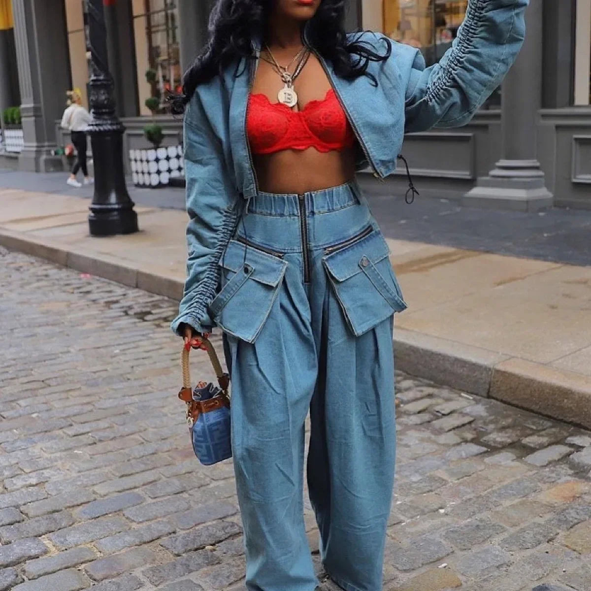 Fashion Retro Women's Casual Wide Leg Loose Heavy Duty Denim two-piece set for women two piece set women sexy club  zevity