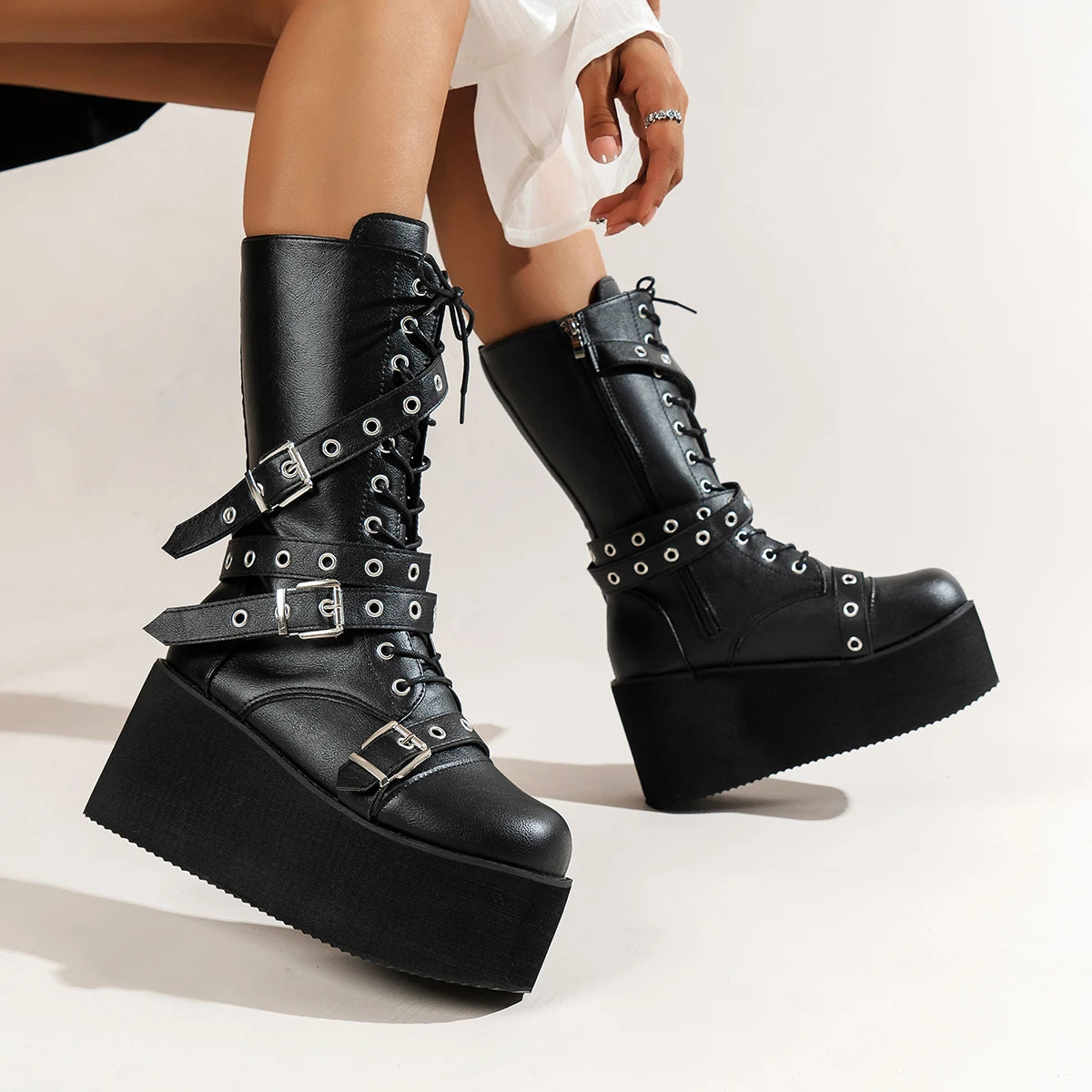 NEW Arrivals Big Size 43 Women Boots Black Lace Up Buckle Round Toe Wedges Platform Boots Punk Goth INS Women Street Shoes