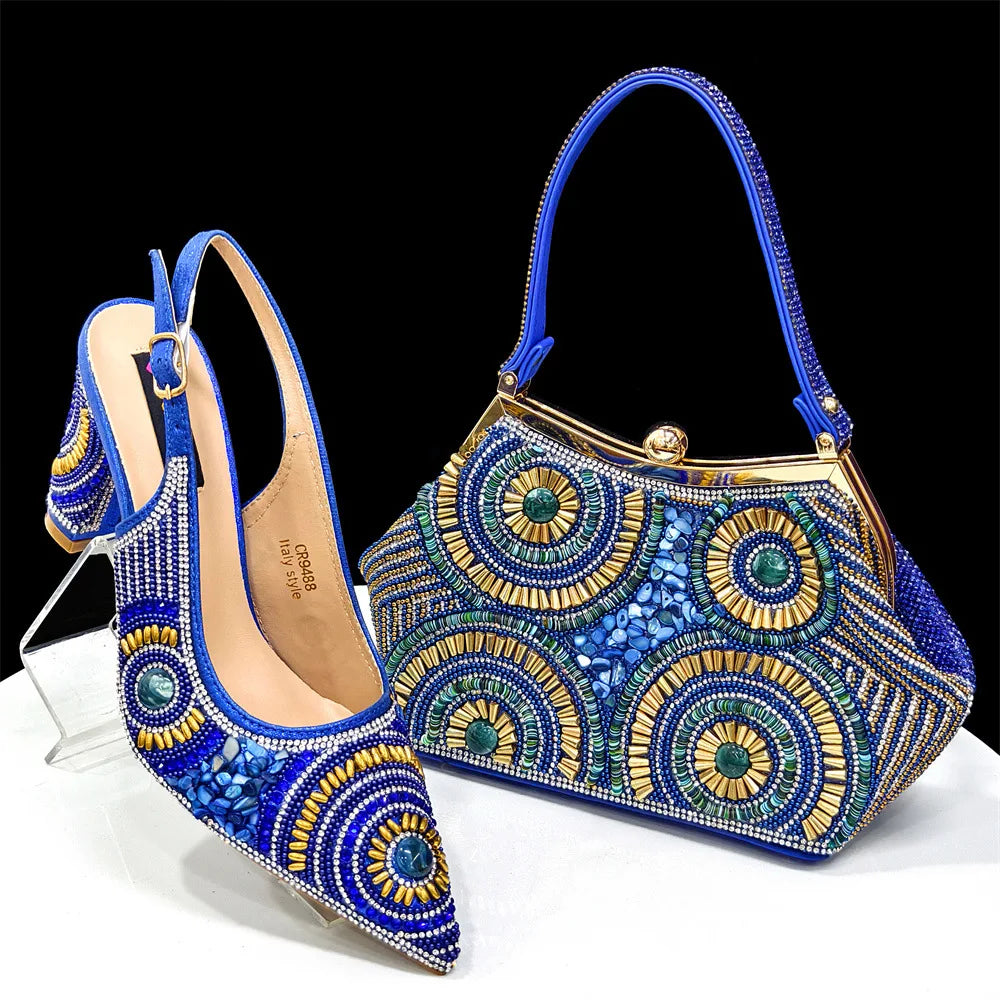 8 Colors High-End Matching Women's Luxury Shoes with Diamond Hard Box Bag Popular in Nigeria Evening Wedding Party Women's High Heels Shoes Apparel Sets