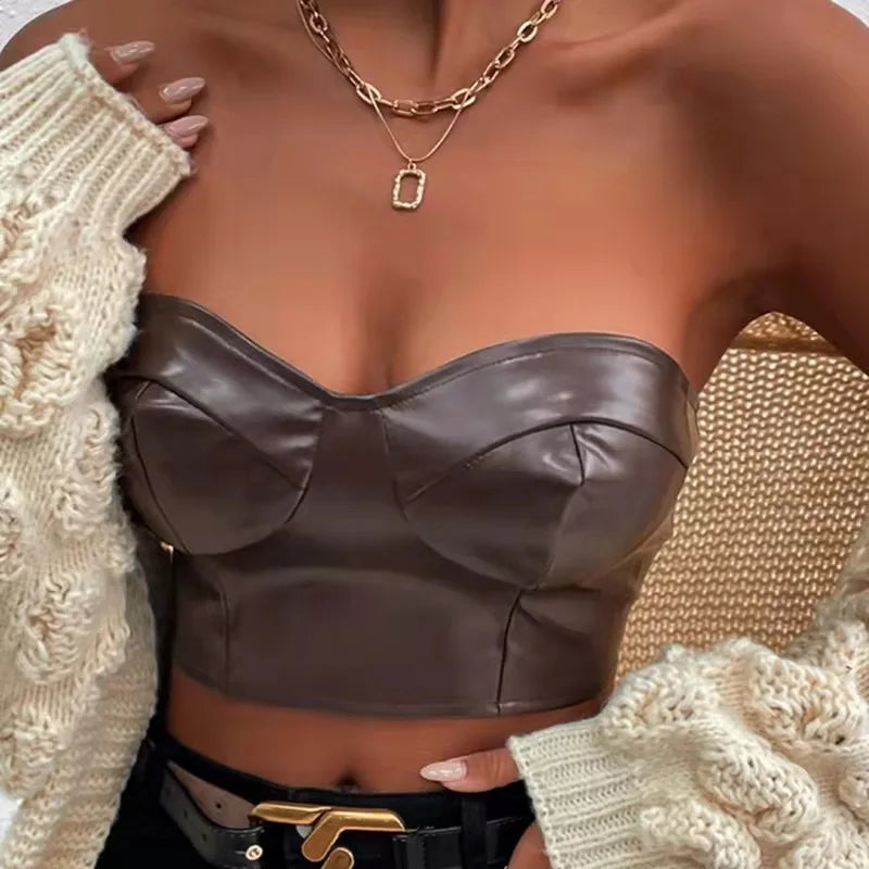 Black/Dark Brown Color S-XL Sexy Tank Top Glossy PU Leather Halter Crop Tops Women Wrap Chest Bare Midriff Camisole Sleeveless  Tube Top Female Cropped Vest