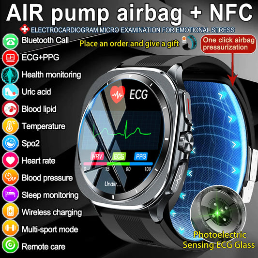 New Health Track Smartwatch NFC Air Pump Airbag Lipids ECG+PPG Uric acid Health BT Call Measure Health Smartwatch Men Women Sports Health Care Supplies