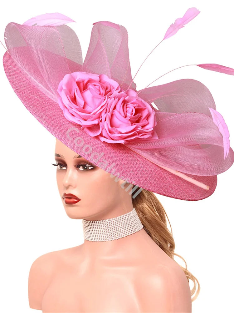 15 Colors Flower Big Royal Ascot Race Ladies Fascinator Luxury Hat Elegant Women Evening Wedding Party Business Dinner Opera Concert Red Carpet Headpiece Bride Wedding Headwear Apparel Accessories