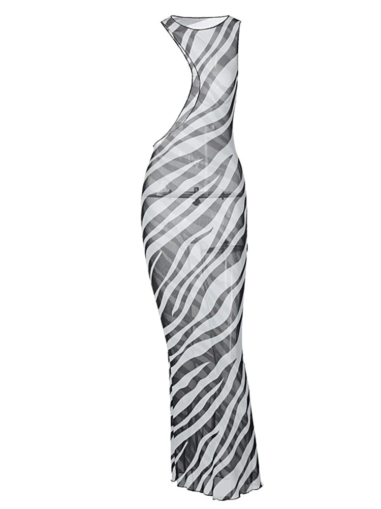 Women's Sexy Zebra Long Beach Dress Cover-Ups Sexy Transparent Mesh Maxi Dress Striped Cut Out Bodycon Vacation Summer Dress Women Bathing Apparel Swimming Clothing Supplies