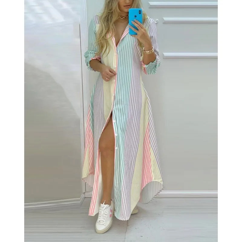 Plus Size Italian Women Printed Long Shirts Dress Summer Turn-down Collar Long Sleeve Party Dress Female Casual Evening Maxi Dresses