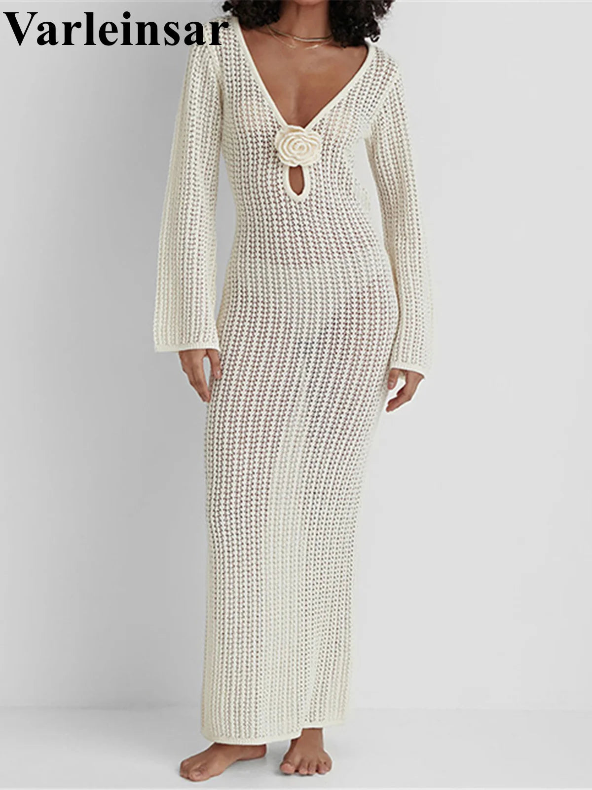 NEW Arrivals UK Size 4 Colors Handmade 3D Flower V-Neck Long Sleeve Crochet Knitted Tunic Beach Cover Up Cover-Ups Beach Women Dress Beach Wear  Ladies Swimsuit Cover Up Sexy Maxi Dress
