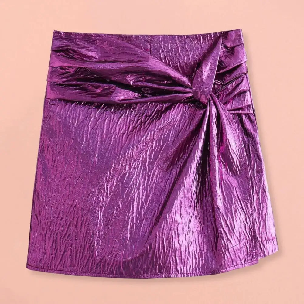 NEW Arrivals Silver/Purple Women Girls Autumn Winter Sexy Mini Skirt High Waist Knot Pleated Shorts Skirt Elegant Woman Short Pants Streetwear Evening Night Clubwear Female Girls Luxury Fashion Apparel  Products