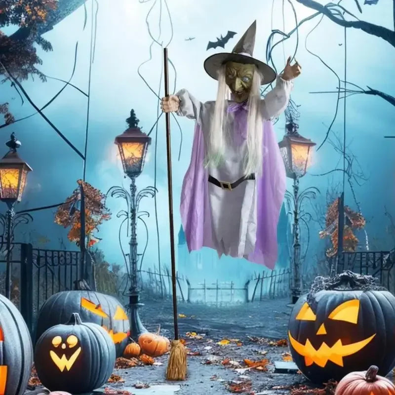 Halloween Flying Witch Decoration Large Hovering Witch Prop with Glowing Eyes Touch the Voice-Activated Scary Sounding Witch