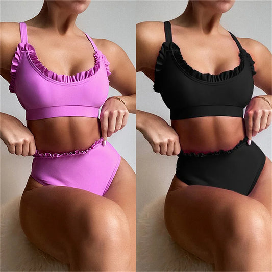 Bikini  Sexy Swimwear Swimsuit Women Solid Ruffle High Waist Bikinis Set Bathing Suit Bikini Taille Haute Biquinis Feminino