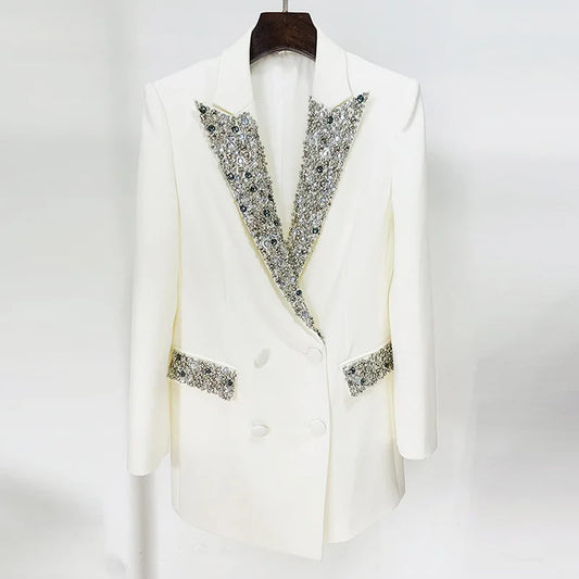 NEW Arrivals UK Large Size Black/White Color Top Quality Autumn Winter Spring Italian Luxury Fashion Beading Diamonds Blazer Women Suit Coat White Long Sleeve Double Breasted Long Blazer Office Lady Products