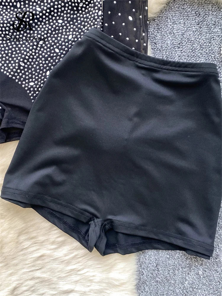 NEW S-2XL UK Plus Size Apricot/Black Color Summer Thin Sheer Sexy Viscose Bodysuit Long Sleeve Zipper With Shorts Design Rompers Beadings Streetwear Women Mesh Playsuits