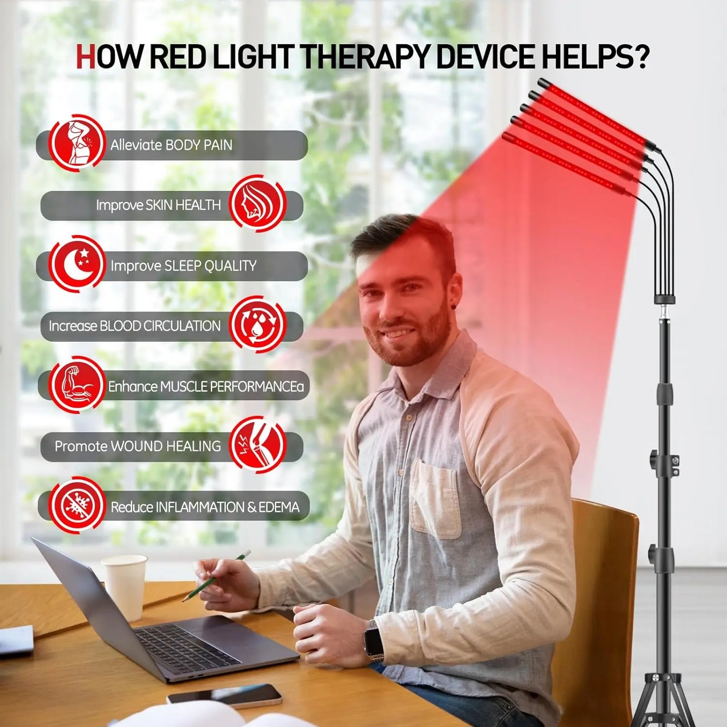 NEW Arrivals 4/5 Heads Red Light Lamp with Stand and Timer Full Body Pain Relief Arthritis Muscles for Relaxing Body Promotes Blood Circulation Relieves Fatigue and Face Skin Care Accessories Health Care Supplies