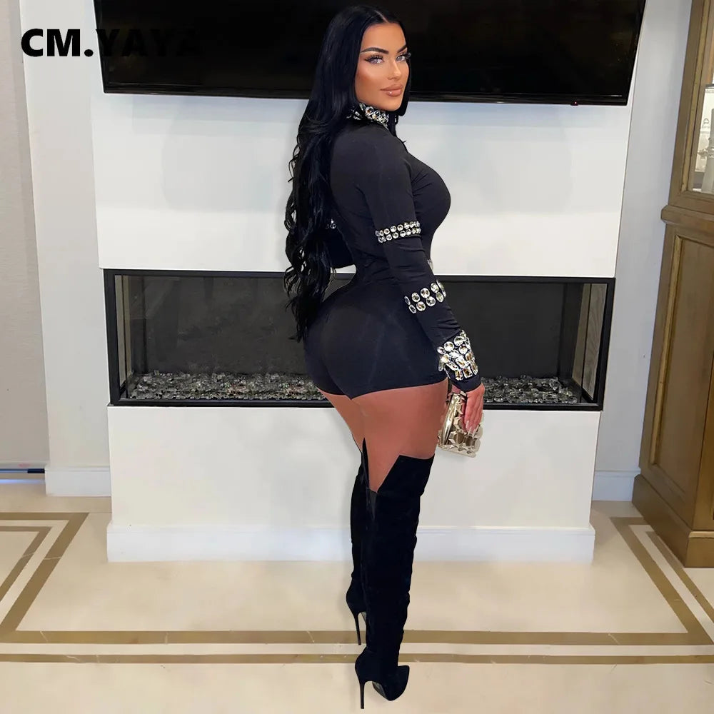 NEW Arrivals  Women Ladies Diamonds Hot Rhinestones Long Sleeve Short Jumpsuits Summer Sexy Beach Party Club One Piece Suit Rompers Playsuits Female Girls Luxury Fashion Clothing Products