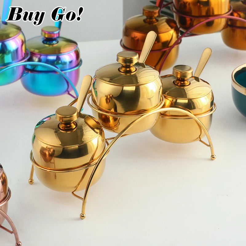 3 PCS Luxury Set + 3 Matching Spoons 304 Stainless Steel Gold Seasoning Condiment Pot Set Spice Salt Sugar Container Pepper Jar Tool with Lid and Spoon Holder Rack Home Tableware Tools Sets