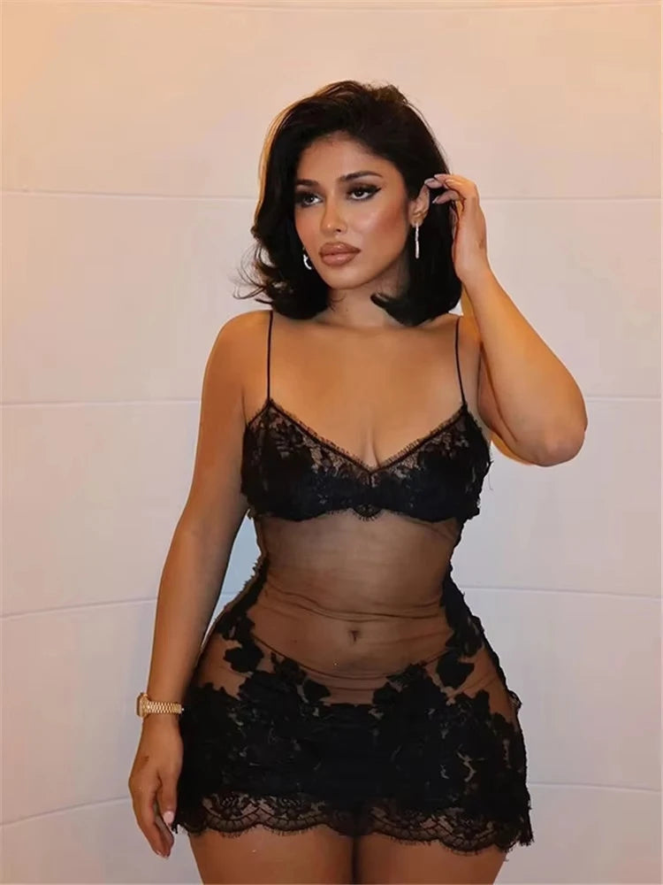 Black/White Color Lace See Through Sexy Mini Dress Sexy Women Wrapping Spaghetti Embroidery Flower Sheath Nightwear Club Mesh Wave Fantasy Summer Evening Beach Party Outfits