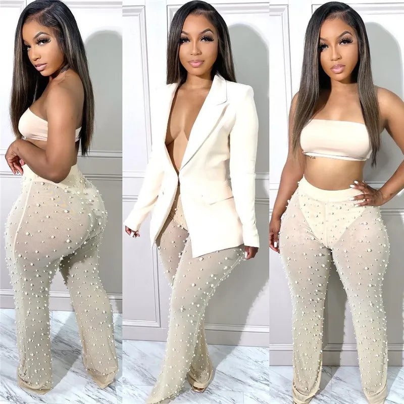 NEW arrivals 2PCS Set  S-2XL 3 Colors Women Sexy Outfits Clubwear Single Button Blazer Coats Pearls Mesh Sheer Pant Suits Y2K Clothes Matching Sets Girls Sexy Fashion Clothing Supplies