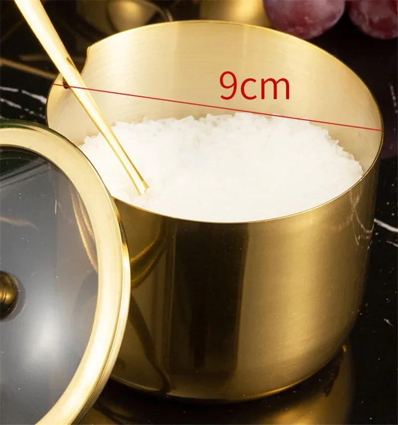 NEW Arrivals 2/3/4 Sets Luxury Golden 304 Seasoning Box Bottle Glass Pot Cap with Spoon Flavoring, Holder Rack Tank Sauce Spice Jar Salt Soy Storage Box Kitchenware Preparing Cooking Tools