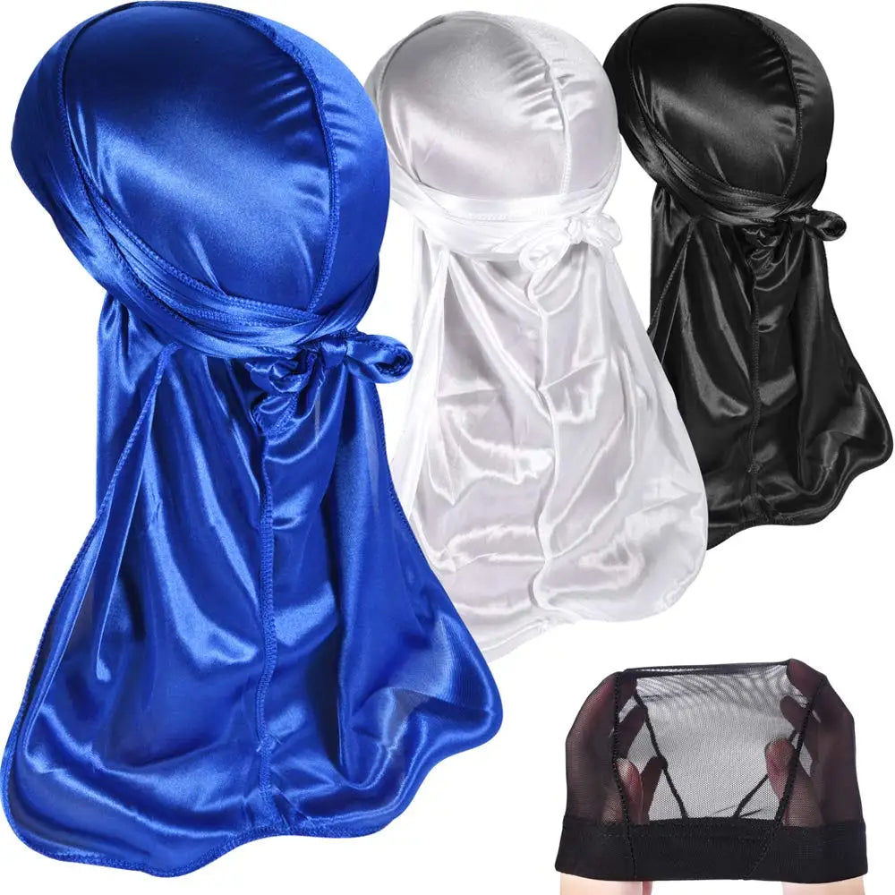 3 PCS Ice Silk Set Women Men Silky Durag Headwraps Durag With Free Waves Cap Durags Pack with Long Tail and Wide Straps Bandanas