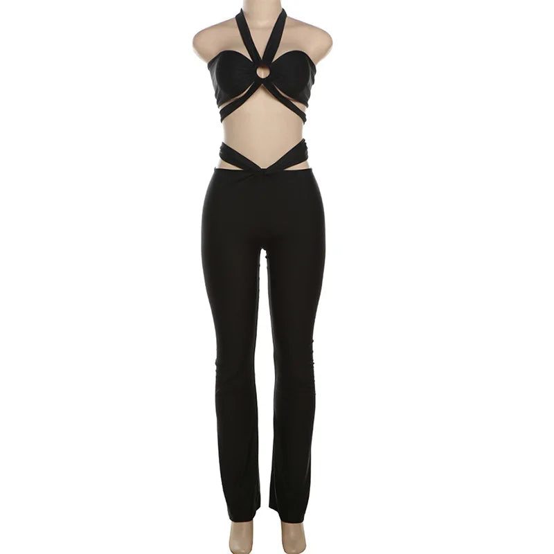 Low-Price Sales are Limited 2PCS Luxury Set Sexy Bandage Hollow Out Flare Pants Women Girls Clothes Night Club Party Evening Beach Party  Black Bikini Top- Pants Suit Outfits Streetwear Female Ladies Luxury Sexy Fashion Cloth