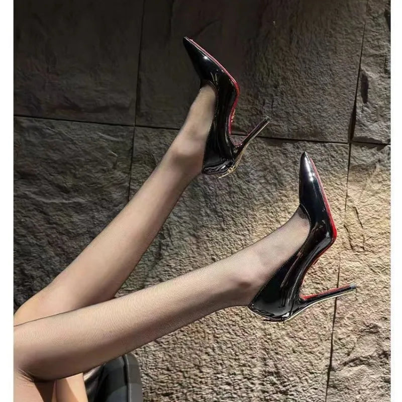 Just Arrived 10cm Early Spring New High Heels Women's Fine Heels Pointed Metal Swords Sexy Queen Black Lacquer Leather Single Evening Party Night Clubwear Prom Shoes