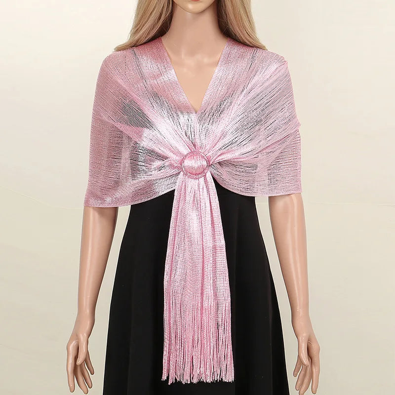 Sparkling Metallic Scarf with Buckle Female Evening Party Shawl Elegant Gold Silver Shiny Shawls for Bridal Wedding Wraps