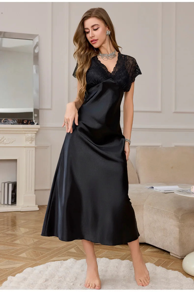 NEW S-XL Black Elegant Long Satin Nightgown Home Clothing New Female Sleepwear Nighty Sexy Perspective Lace Nightdress Satin Loungewear Lingerie