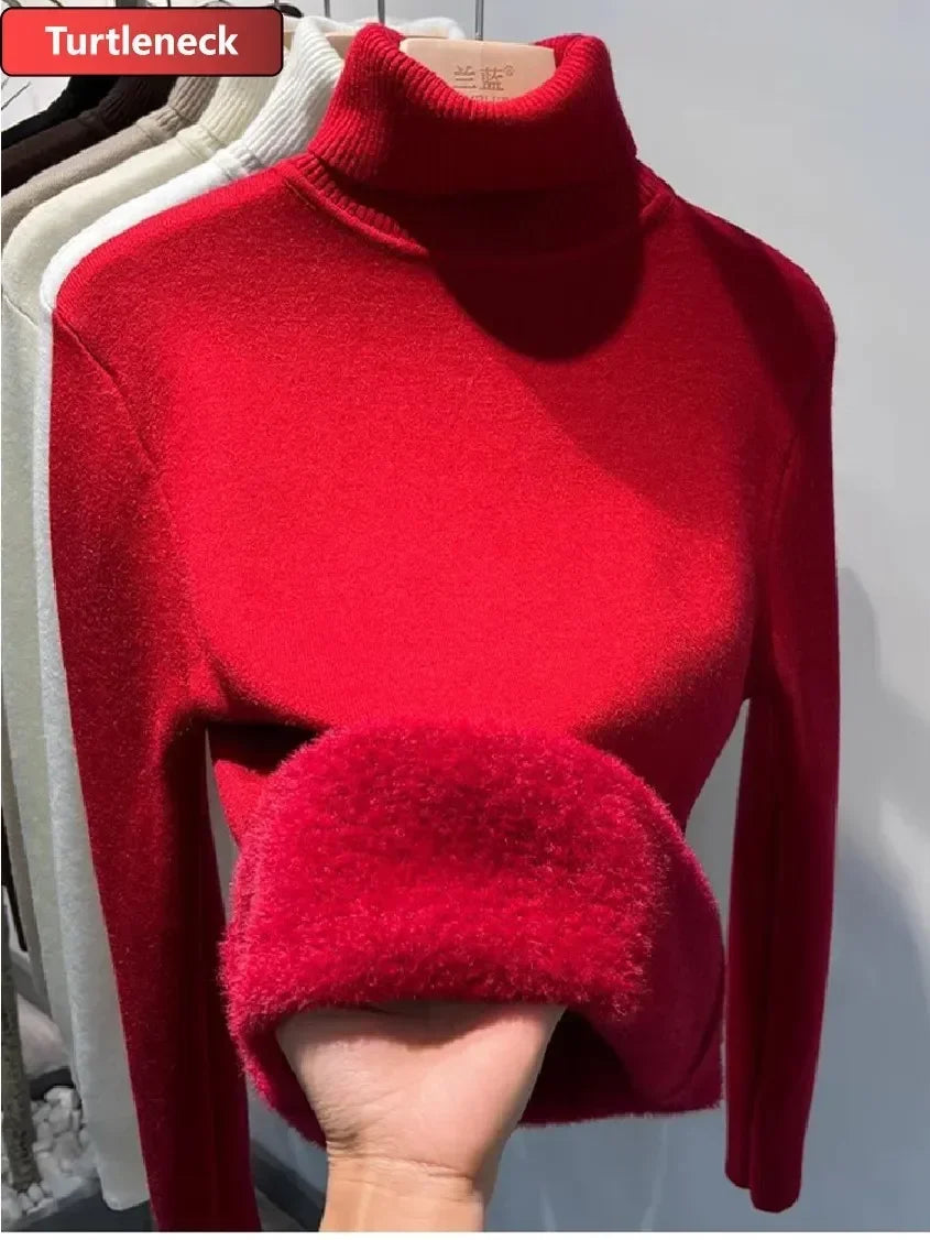 NEW Arrivals Sweater For Women Winter Thicken Turtleneck Slim Knit Pullover New Warm Plush Velvet Lined Knitwear Jumper Tops Casual Female Girls Luxury Fashion Clothing Supplies