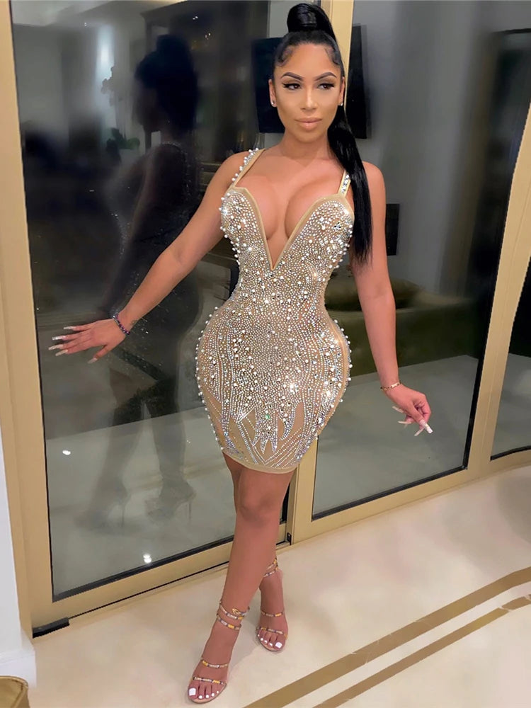 Black/Blue Color  Sexy Pearl Beading Rhinestones Diamonds  Dress Women Luxury Nightclub Party Birthday Appliques Rhinestones Summer Dress Women Luxury Fashion Apparel Supplies