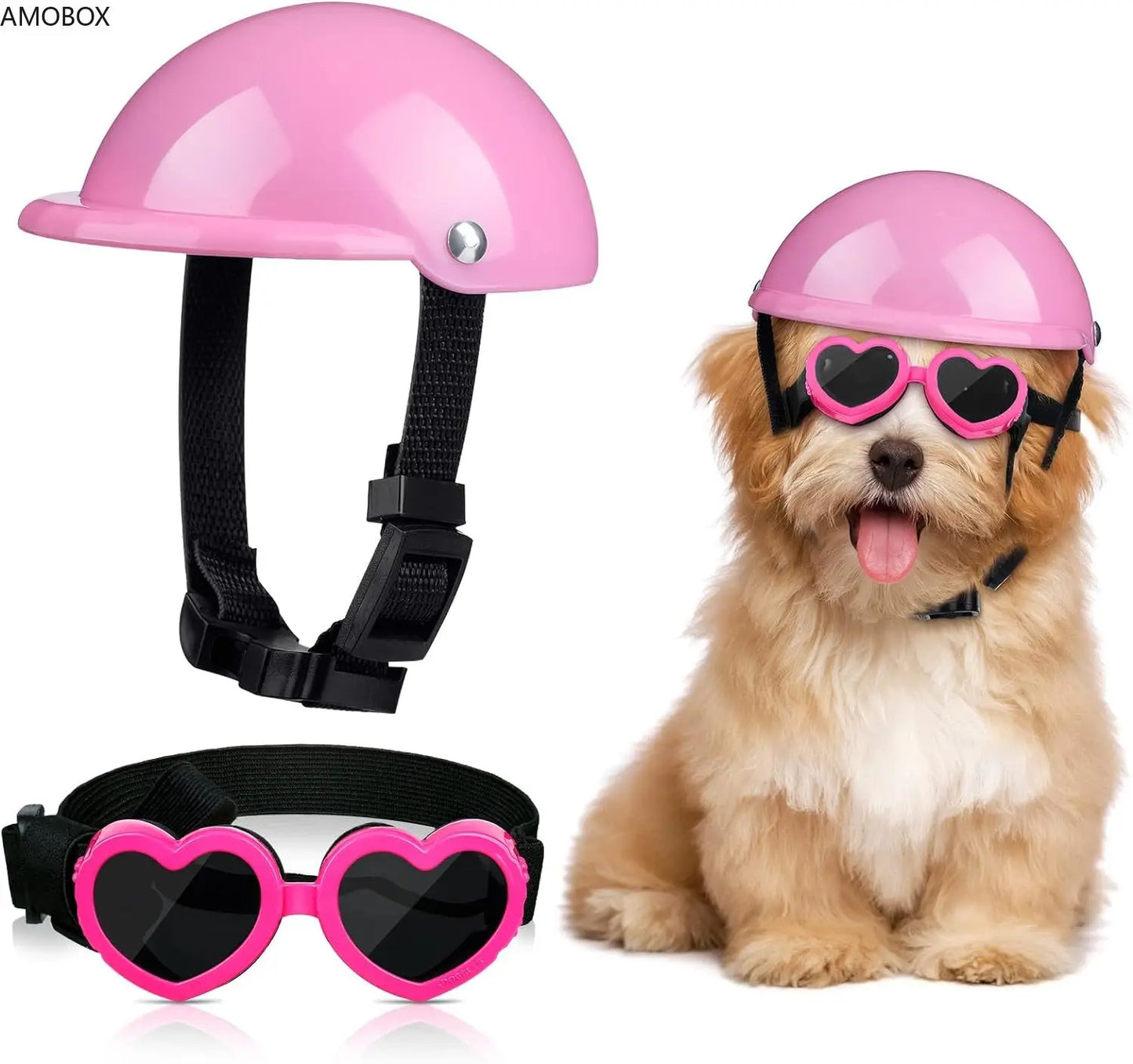 Helmet and Sunglasses Set for Small Dogs, Pink Love Glasses, UV Protection Foldable Helmet with Sponge,Comfortable, 2 Pieces