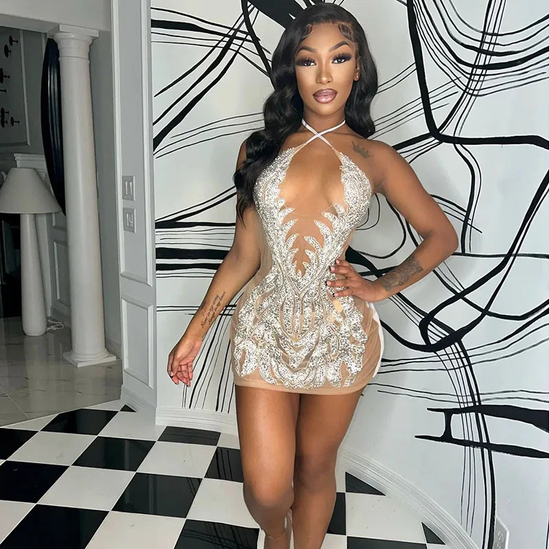 NEW Arrivals Diamonds Rhinestone Evening Party Birthday Dress for Women Night Club Mesh See Through Halter V-Neck Backless Sexy Bodycon Mini Dress