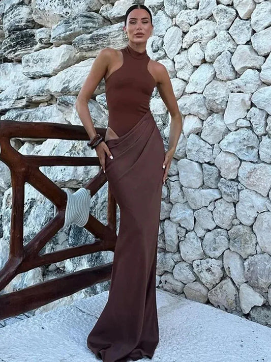 Low-Price Sales are Limited NEW Luxury Satin Sexy Hollow Out Women Maxi Dress Black Sleeveless High Waist Dress Female Autumn Skinny Elegant Evening Wedding Party Night Clubwear Business Dinner Outfits Ladies Luxury Fashion C