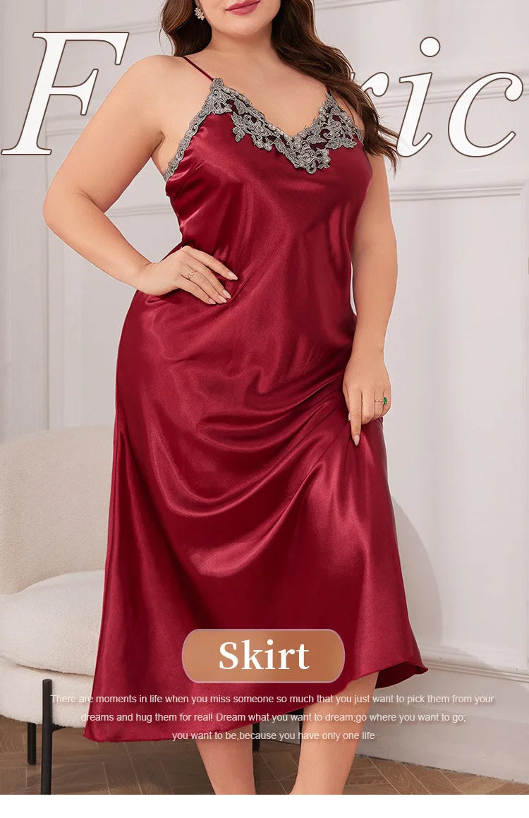 For Curvy Ladies XL-5XL Plus Size Long Nightgown Oversize Sleepwear Big Girls Satin Home Wear Dressing Gown Spaghetti Strap Loose Lingerie Lace Trim Nightwear Loungewear