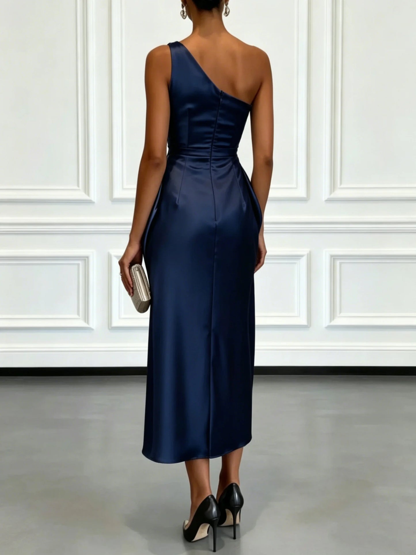 S-2XL UK Size One Shoulder Luxury Satin Midi Dress With Ruched Waist Elegant Sleeveless Evening Wedding Guest Business Party Formal Gown Ladies Outfits.