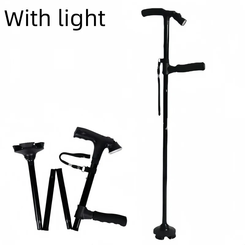 HOT SALE LED Lights +Emergency Alarm SOS Night Hiking Walking Stick Adjustable Height Voice Announcement Non-Slip For Elderly Disabled People Lightweight Aluminum Foldable Outdoor Camping Cane
