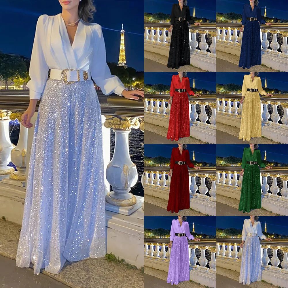 S-3XL 8 Colors Plus Size NEW Arrivals Women's Girls Fall New Fashion V-Neck Long Sleeved Shirt Elegant Sexy V-Neck Slimming Waist Sequin Wide Leg Jumpsuit Set Evening Night Wedding Birthday Party Suit Female Ladies Luxury Fas